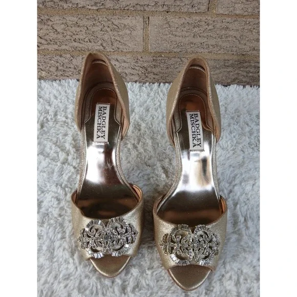 Badgley Mischka Gold Leather Peep Toe Stiletto Heels Crystal Embellished Size 6M - Picture 4 of 6